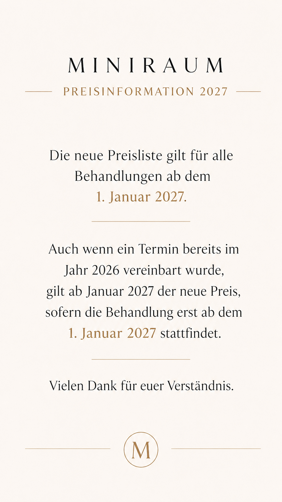 MINIRAUM Preisinformation 2027 - neue Preise ab 1. Januar 2027