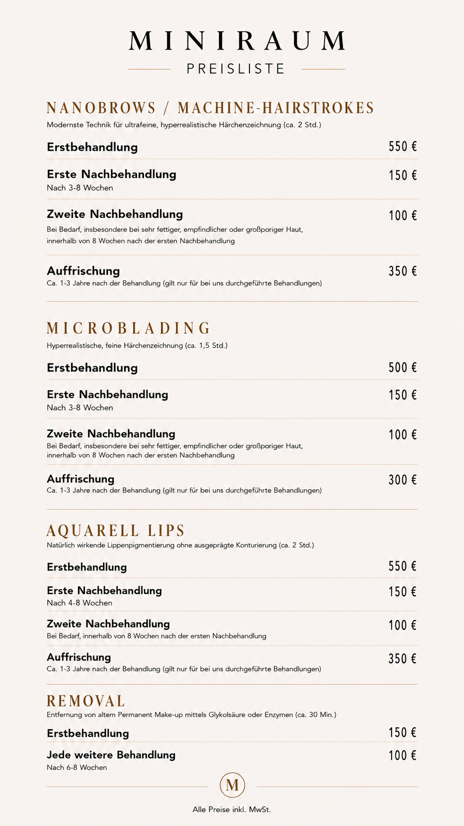 MINIRAUM Preisliste - Nanobrows, Microblading, Aquarell Lips, Removal